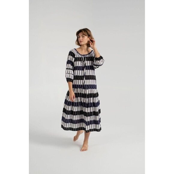 Apiece Apart Womens Chemlali Dress Sz M Indigo Blue Ikat Boho Midi Drop Waist - Picture 1 of 14